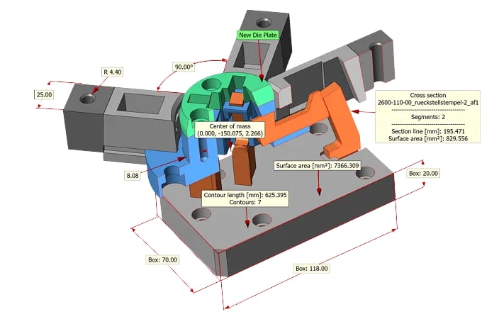 Eine kleinere, teilweise geschnittene Baugruppe mit im 3D-Tool Viewer vorgenommenen Bemaßungen