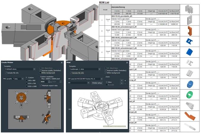 Die 3D-Tool-Werkzeuge 'Bild erzeugen', 'Drucken' und 'Report'