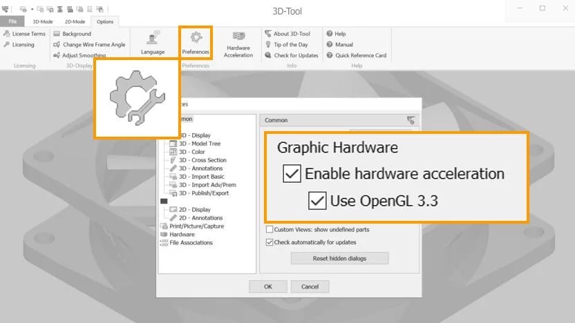 Image of the 3D-Tool Preferences window with hardware acceleration and OpenGL 3.3 activation.