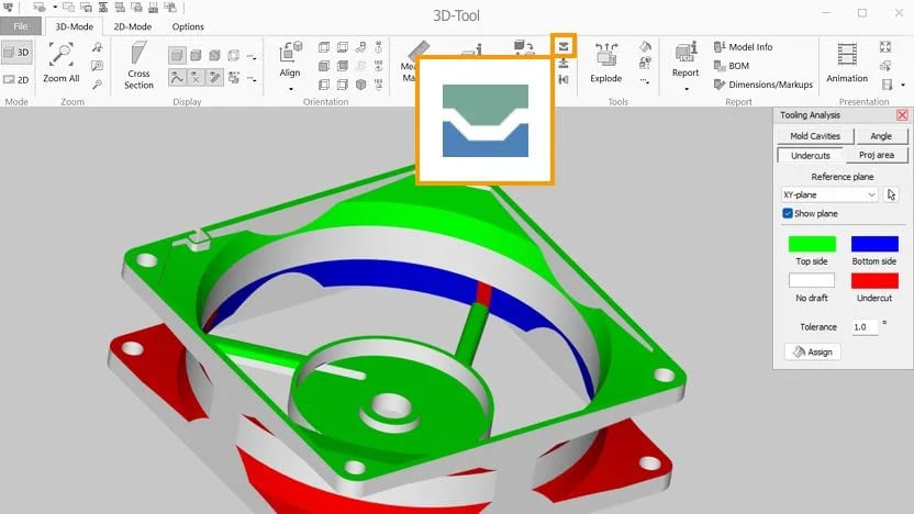 Screenshot of the tooling analysis in the 3D-Tool CAD viewer with a plastic part being examined for undercuts.