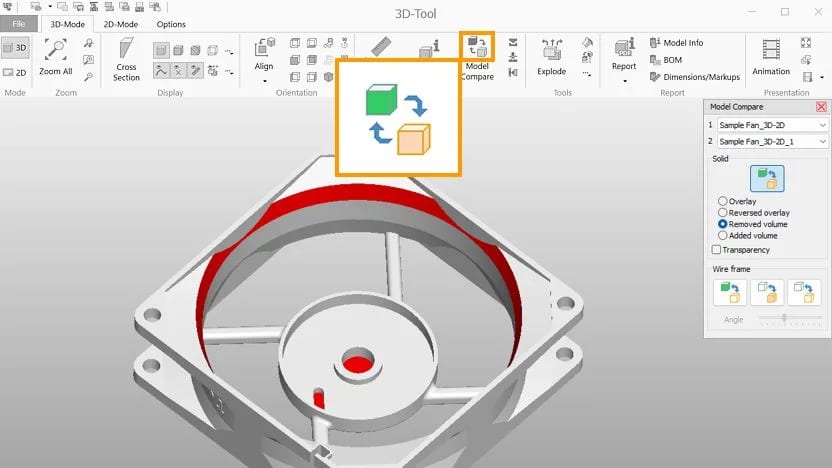 Screenshot of the 3D-Tool model comparison showing removed material.