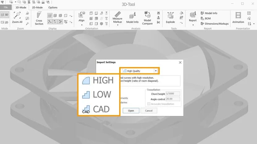 Image of the 3D-Tool import settings for defining the tessellation quality.