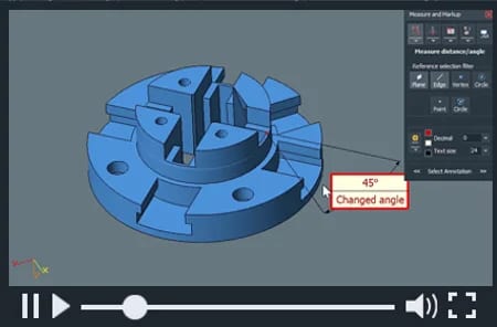 3D-Tool zeigt ein mechanisches Bauteil mit angepasster Winkelanzeige von 45 Grad.