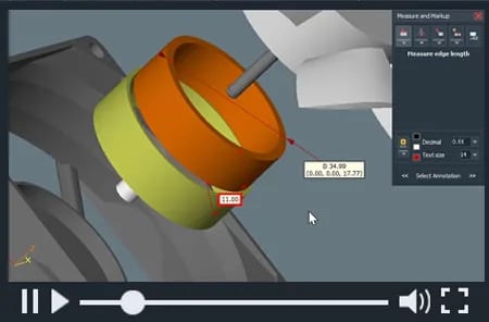 3D-Tool zeigt 3D-Modell eines ringförmigen Objekts mit Messung der Kantenlänge und Anzeige von Maßeinheiten im Interface.